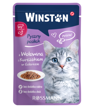 Winston karma dla kota wołowina i kurczak w galarecie, fioletowa saszetka z kotem. Widok z przodu.