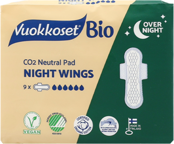 Opakowanie Vuokkoset Bio Night Wings, biodegradowalne podpaski ze skrzydełkami na noc, widok z przodu. Kolory beżowy i zielony.