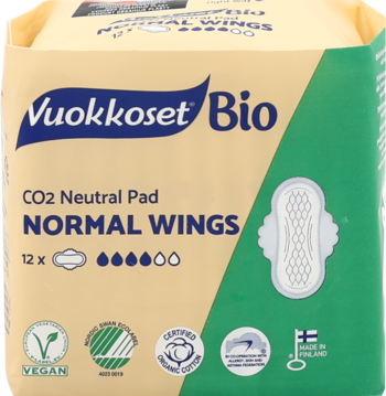 Vuokkoset Bio Normal Wings, 12 szt., ekologiczne podpaski CO2 Neutral, beżowo-zielone opakowanie, przód.