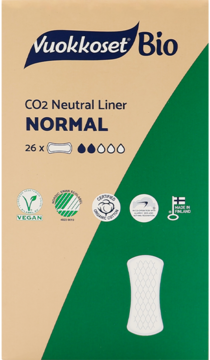 Vuokkoset Bio wkładki higieniczne normalne, 26 sztuk, CO2 Neutral, w beżowo-zielonym opakowaniu z przodu.