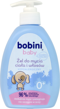 Bobini baby hipoalergiczny żel do ciała i włosów 0+ w niebieskiej butelce z pompką, widok z przodu.