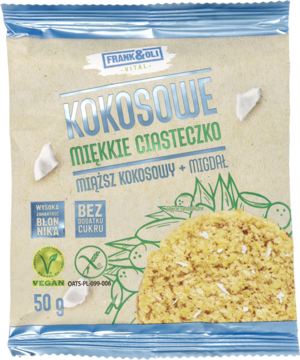 Frank & Oli Kokosowe Miękkie Ciasteczko w srebrnej saszetce z niebieskimi brzegami, wegańskie, z migdałem, bez cukru.
