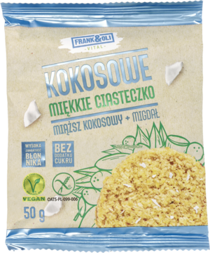 Frank & Oli Kokosowe Miękkie Ciasteczko w srebrnej saszetce z niebieskimi brzegami, wegańskie, z migdałem, bez cukru.