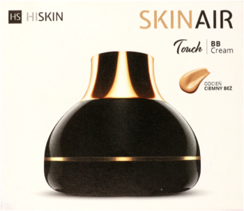 Matujący Skin Air Touch BB Cream HS HISKIN w błyszczącym czarnym słoiczku ze złotym paskiem. Widoczny beżowy wzornik.