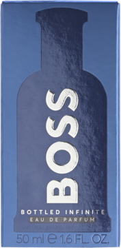 Hugo Boss Bottled Infinite, niebieskie metaliczne opakowanie 50ml. Pionowy napis BOSS na tle butelki, widok z przodu.