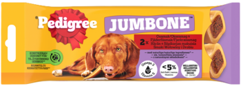 Pedigree Jumbone dla psów, żółto-fioletowe opakowanie z brązowym psem i dwoma widocznymi przysmakami.