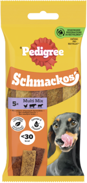 Żółta torebka Pedigree Schmackos Multi Mix 5x przysmaków dla psa, z lizaćym się jamnikiem. <30 kcal, Omega 3.