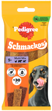 Żółto-pomarańczowe opakowanie Pedigree Schmackos Multi Mix dla psów, z psem i info o Omega 6 i witaminie E.