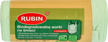 Rubin biodegradowalne worki na śmieci 10L, 10 szt., opakowanie z zieloną etykietą, widok z przodu.