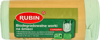 Rubin biodegradowalne worki na śmieci 10L, 10 szt., opakowanie z zieloną etykietą, widok z przodu.