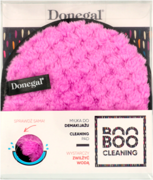 Jasnoróżowa, okrągła myjka Donegal Boo Boo Cleaning Pad do demakijażu wodą. Widok z przodu w opakowaniu.