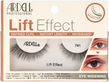 Ardell Lift Effect 741: sztuczne rzęsy w białym pudełku, widok z przodu. Czarne, rozkloszowane i podkręcone.