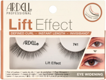 Ardell Lift Effect 741: sztuczne rzęsy w białym pudełku, widok z przodu. Czarne, rozkloszowane i podkręcone.