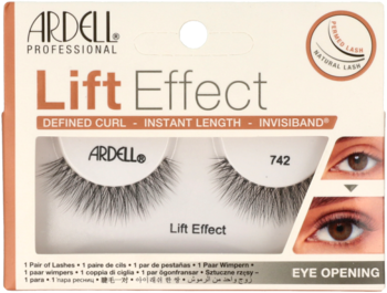 Ardell Lift Effect 742 sztuczne rzęsy w białym opakowaniu z okienkiem i brązowym napisem, widok z przodu.