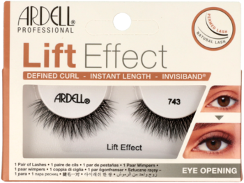 Ardell Lift Effect 743 sztuczne rzęsy w beżowym pudełku, przód. Czarne, podkręcone rzęsy dla efektu otwartego oka.