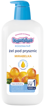 Biały żel pod prysznic Bambino Rodzina Mirabelka 1000ml z niebieską pompką, hiperdelikatny, widok z przodu.
