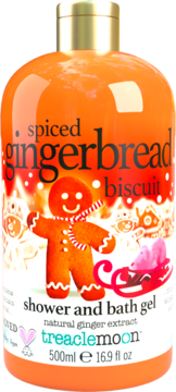 Treaclemoon Spiced Gingerbread Biscuit żel pod prysznic 500ml, pomarańczowa butelka z piernikowym nadrukiem, widok z przodu.