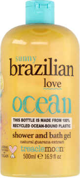 Żel treaclemoon Sunny Brazilian Love Ocean, żółta butelka z turkusową nakrętką, z plastiku oceanicznego, widok z przodu.