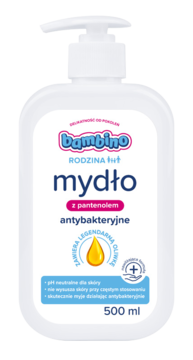 Mydło w płynie Bambino Rodzina antybakteryjne 500 ml, biała butelka z pompką, widok z przodu.