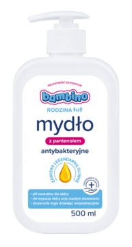 Mydło w płynie Bambino Rodzina antybakteryjne 500 ml, biała butelka z pompką, widok z przodu.