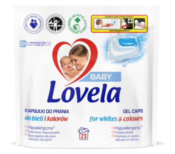 Białe opakowanie Lovela Baby Kapsułki Żelowe do prania 23 sztuki, z logo matki i dziecka, hipoalergiczne.