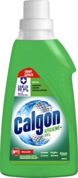 Zielony żel Calgon Hygiene+ Gel do pralki, front. Zabija 99.9% bakterii, chroni przed kamieniem.