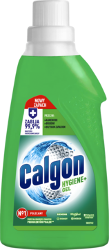 Zielony żel Calgon Hygiene+ Gel do pralki, front. Zabija 99.9% bakterii, chroni przed kamieniem.