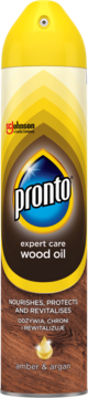 Pronto Expert Care Wood Oil spray w żółto-brązowej puszce, widok z przodu. Odżywia i chroni drewno, zapach amber & argan.