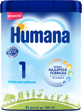 Niebiesko-biała puszka mleka początkowego Humana 1 z sercem, słońcem i napisem NOWOŚĆ, widok z przodu.
