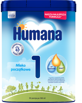 Granatowo-białe opakowanie Humana 1 Mleko początkowe, od urodzenia, z logo słońca, widok z przodu.