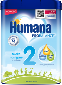 Humana PROBALANCE 2 mleko następne w niebiesko-zielonym opakowaniu, widok z przodu, dla niemowląt po 6. miesiącu.