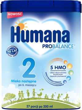 Niebieska puszka Humana PROBALANCE 2, mleko następne po 6. miesiącu, z napisem „5 HMO” i słońcem.