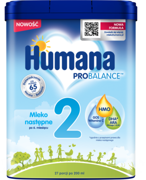 Puszka Humana Probalance 2 mleko następne, niebiesko-biała, z cyfrą 2 i opisem HMO DHA ARA, widok z przodu.