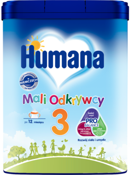 Niebieskie opakowanie mleka Humana 3 Mali Odkrywcy z logo PROBALANCE, dla dzieci po 12 miesiącu życia.