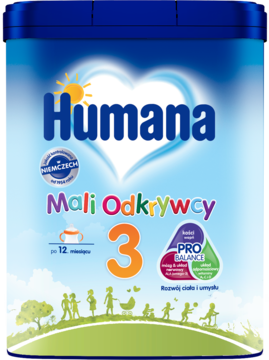 Niebieskie opakowanie mleka Humana 3 Mali Odkrywcy z logo PROBALANCE, dla dzieci po 12 miesiącu życia.