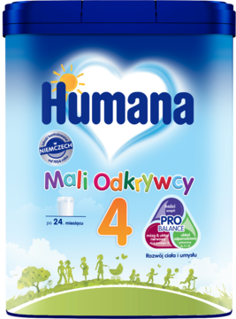 Mleko Humana 4 Mali Odkrywcy, niebieski karton z cyfrą 4. Widok z przodu. Wspiera rozwój po 24 m-cach.