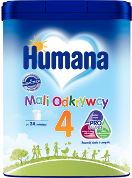 Mleko Humana 4 Mali Odkrywcy, niebieski karton z cyfrą 4. Widok z przodu. Wspiera rozwój po 24 m-cach.
