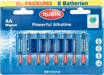 Widok z przodu: niebieskie opakowanie XL-PACKUNG z 8 bateriami alkalicznymi AA Rubin Powerful Alkaline.