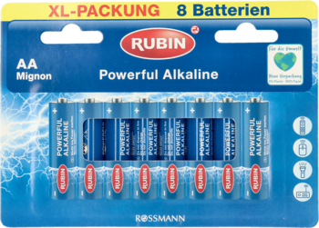 Widok z przodu: niebieskie opakowanie XL-PACKUNG z 8 bateriami alkalicznymi AA Rubin Powerful Alkaline.