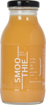 MISS BEAUTY Smoothie 250 ml, pomarańczowy napój w szklanej butelce, czarna zakrętka, front.