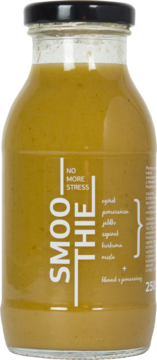 Smoothie NO MORE STRESS, zielono-żółty koktajl w szklanej butelce 250ml, z czarną zakrętką, widok z przodu.