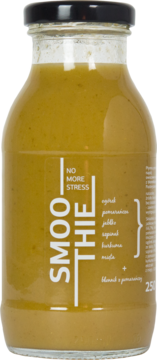 Smoothie NO MORE STRESS, zielono-żółty koktajl w szklanej butelce 250ml, z czarną zakrętką, widok z przodu.