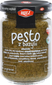HOTZ pesto z bazylii w szklanym słoiku, z widoczną zieloną zawartością i czarno-czerwoną etykietą, widok z przodu.