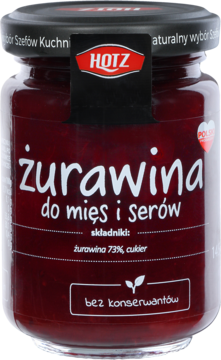 Słoik sosu żurawinowego Hotz do mięs i serów, z czerwonym sosem i czarną etykietą, widok z przodu.