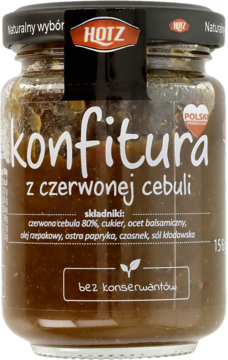 Szklany słoik konfitury HOTZ z czerwonej cebuli, 156g, brązowy, z czarną etykietą, widok z przodu.