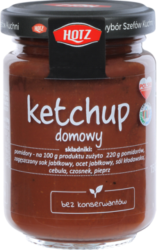 Ketchup domowy Hotz w szklanym słoiku z czarną nakrętką, widok z przodu. Ciemnoczerwony sos, napis bez konserwantów.