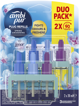 Ambi Pur Plug Refills Spring Awakening Duo Pack, 2x20ml wkłady w blistrze, widok z przodu, kwiatowe tło.