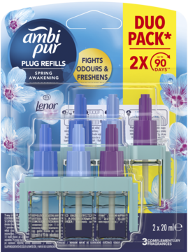 Ambi Pur Plug Refills Spring Awakening Duo Pack, 2x20ml wkłady w blistrze, widok z przodu, kwiatowe tło.