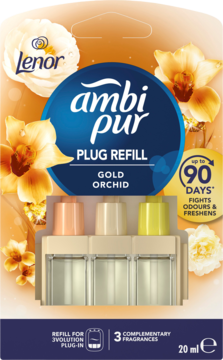 Wkład do Ambi Pur Gold Orchid Lenor, 3 zapachy na 90 dni, widok z przodu opakowania ze złotymi orchideami.