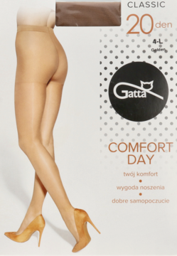 Opakowanie rajstop Gatta Comfort Day 20 den, cielistych, z modelem prezentującym je na nogach, widok z przodu.
